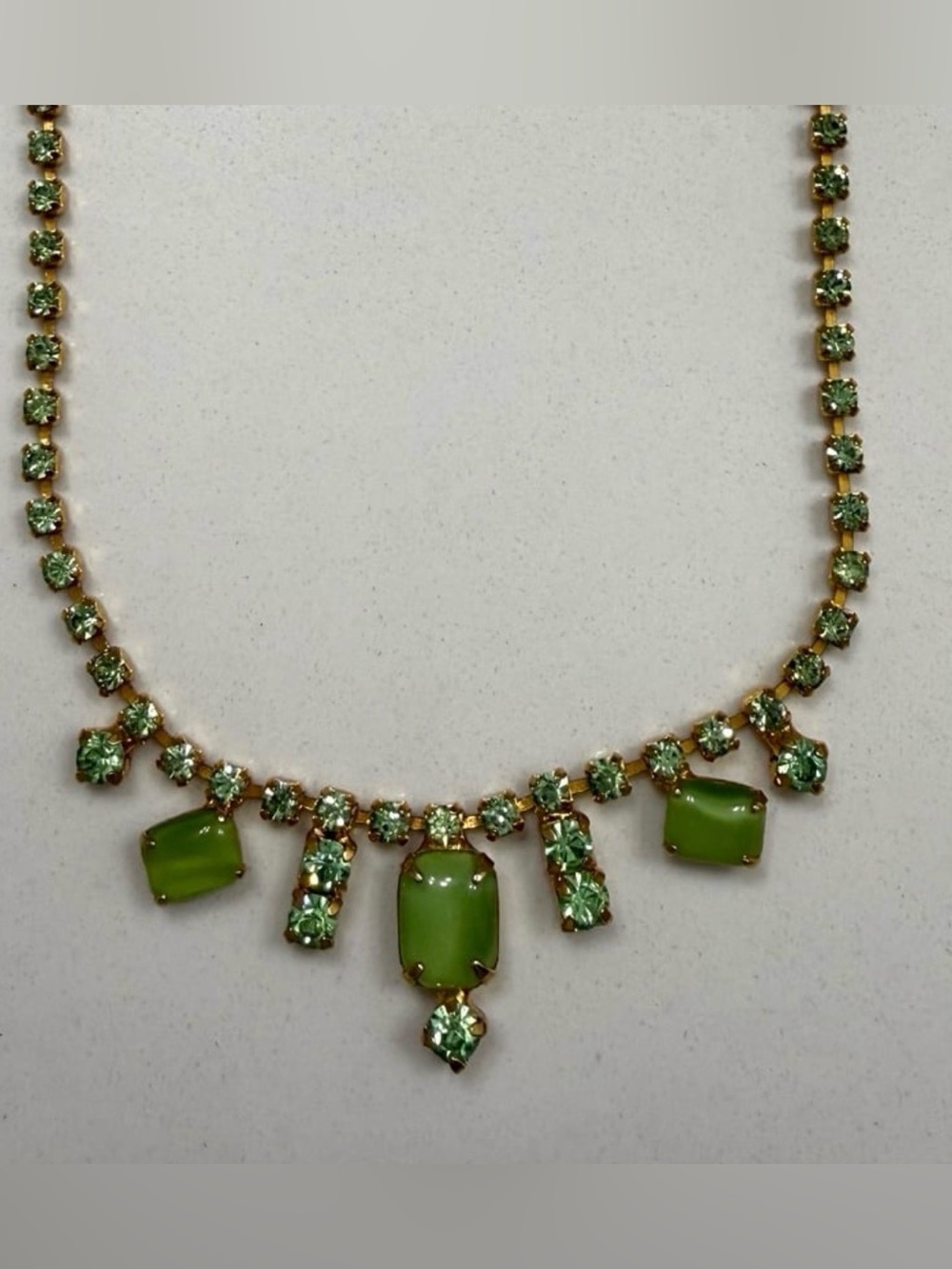 Vintage Green Uranium Glass Rhinestone Choker Necklace Mid-Century 1950s